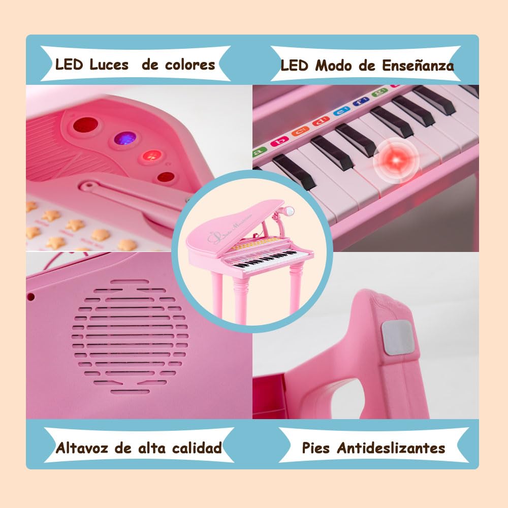 SOARS Piano pour Enfants 31 Touches, Clavier pour Enfant Électronique avec Microphone et Tabouret, Jouet Musical avec 3 Modes d'Enseignement et Fonction d'apprentissage Guidé par la Lumière, Rose