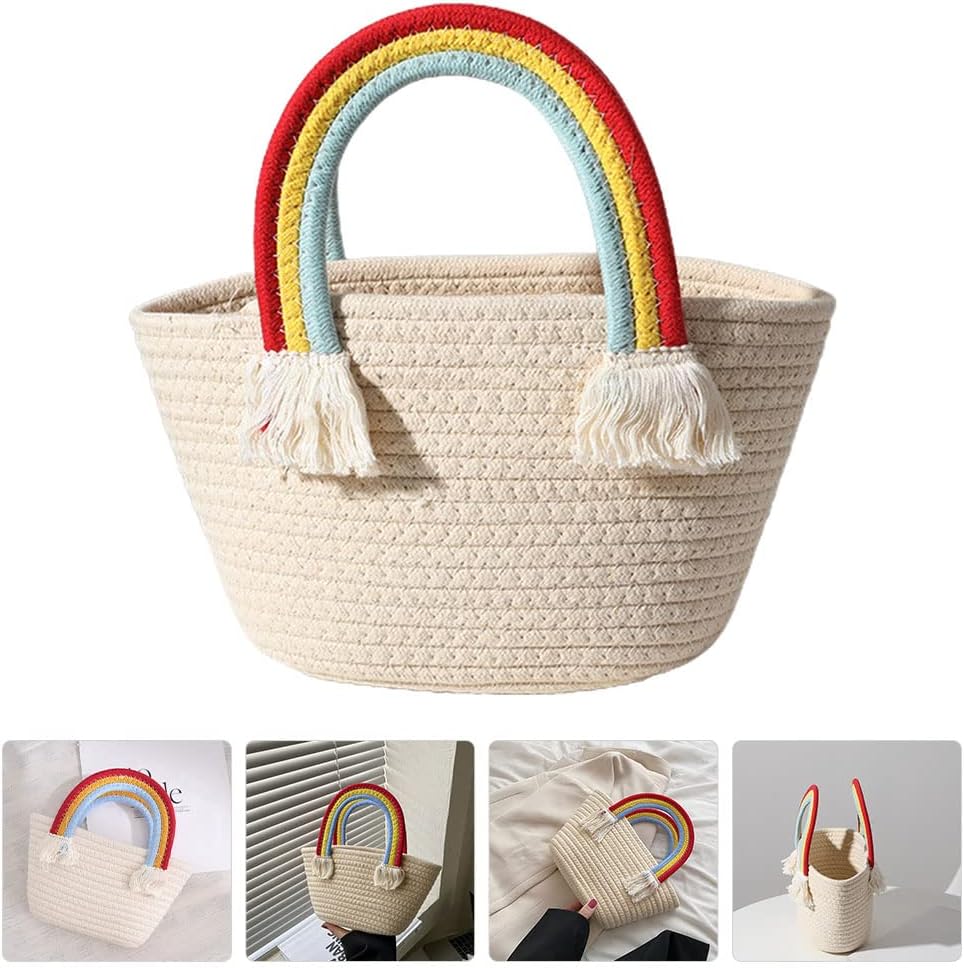 LUOZZY Woven Basket with Rainbow Handle Portable Storage Basket Handbag with Tassel for Nursery Room Toys Books Organization (Random Handle Color) (Pack of 2)