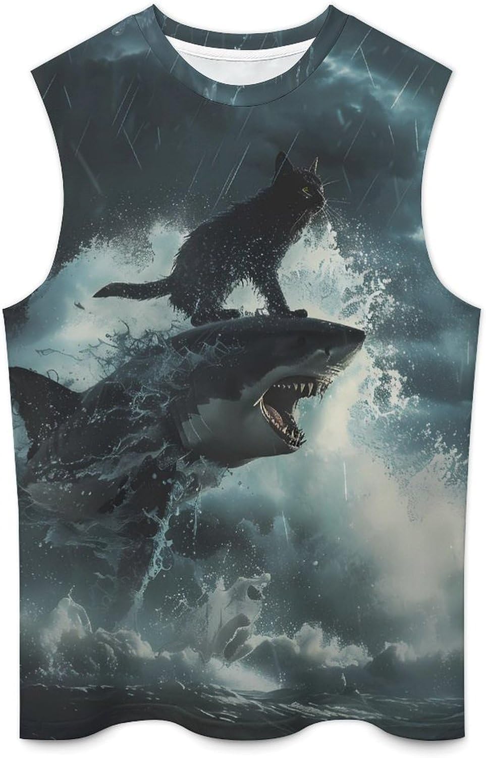 Cat Surfing on Shark Men Summer Sleeveless Crew Neck Top 5XL