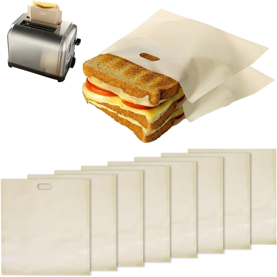 Toaster Bags Reusable Non Stick Pack of 8 Sandwich Toastie Bag for Coeliacs BPA Free Washable
