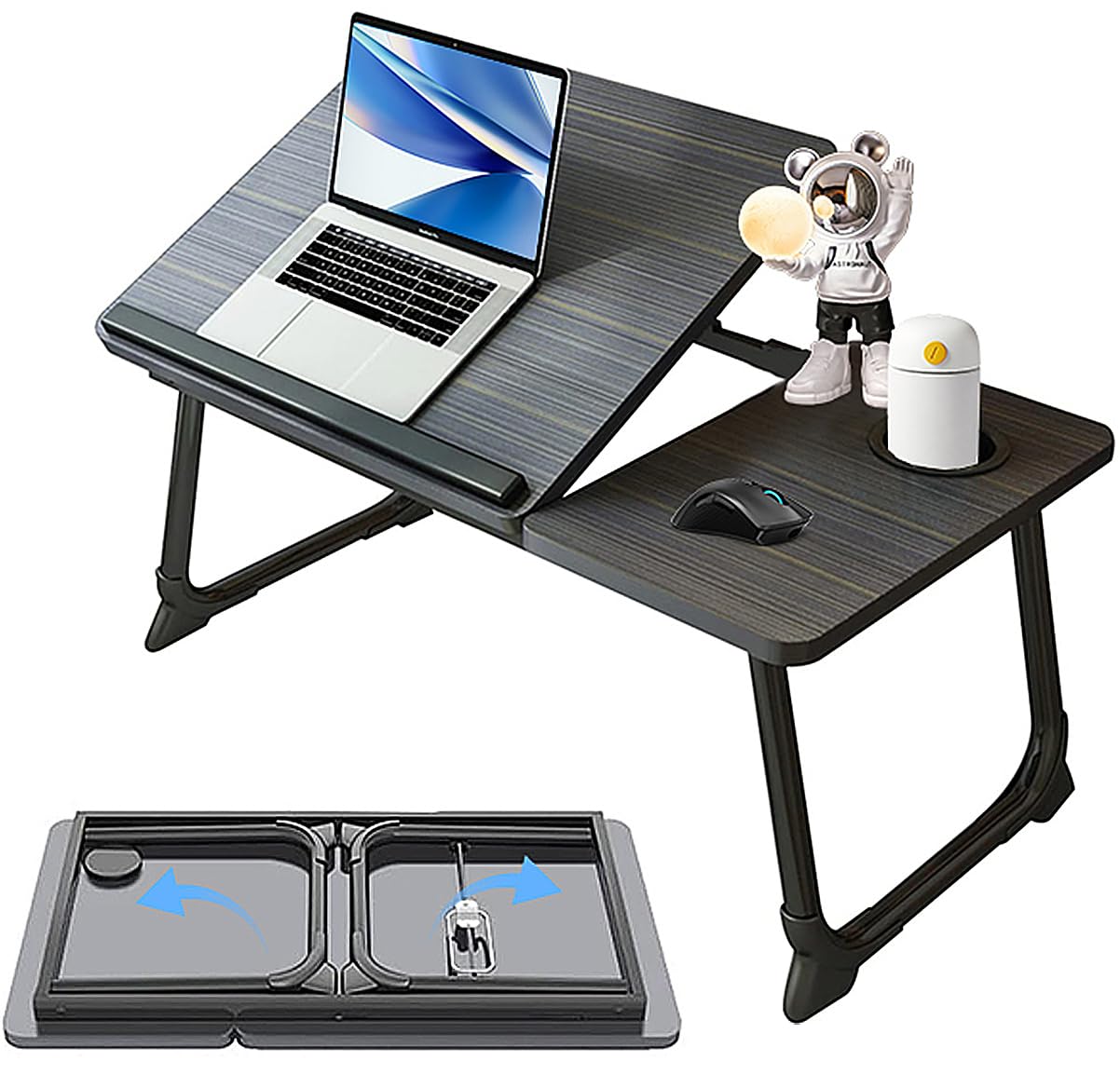 Foldable Laptop Desk for Bed - Laptop Table Adjustable Height Tilt with Cup Holder – Upgraded Lap Desk Folding for Bed Couch Sofa, Portable Laptop Tray Table for Working Reading Study Easting (Black)