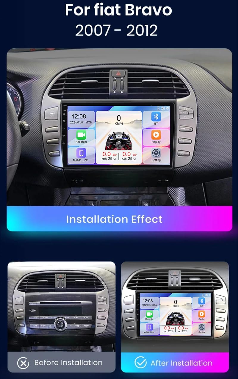 Android 15 Radio Estéreo 9 Inch Pantalla Táctil Capacitiva Navegación GPS USB 4G Red WLAN Bluetooth para Fiat Bravo 2007-2012 Audio FM/Am/RDS Radio Video Player WiFi SWC,4CoreWifi2G+64G