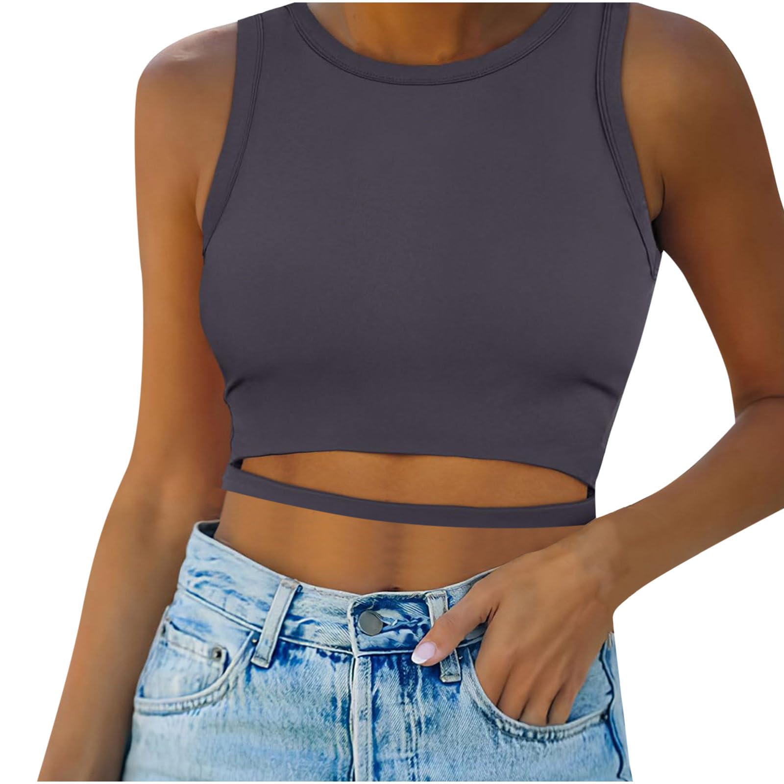 Womens Fitness Tank Tops Summer Trendy Cropped Top Sleeveless Round Neck Tummy Hollow Out Slim Stretch Sporting Vests