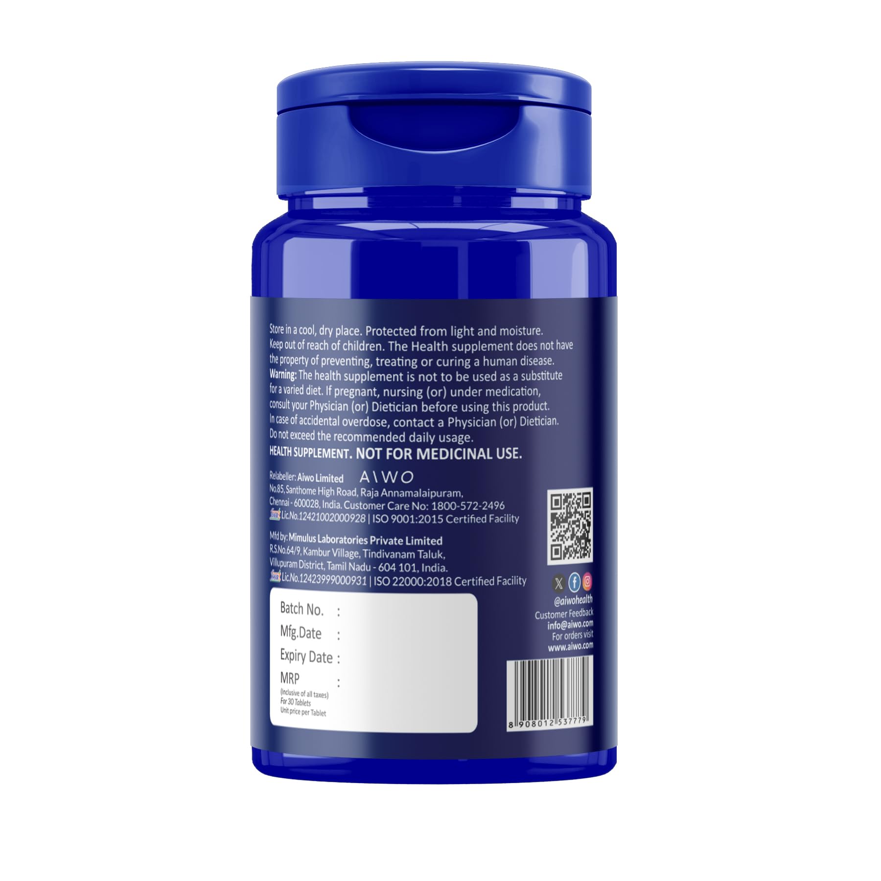 AIWO AMg-D3 Magnesium Glycinate 250 mg + Vitamin D3 600 IU Tablets | Supports Brain, Muscle, Bone & Overall Wellness | Vegetarian Supplement for Men & Women | Daily Use Formula | 30 Tablets — Amazon image 3