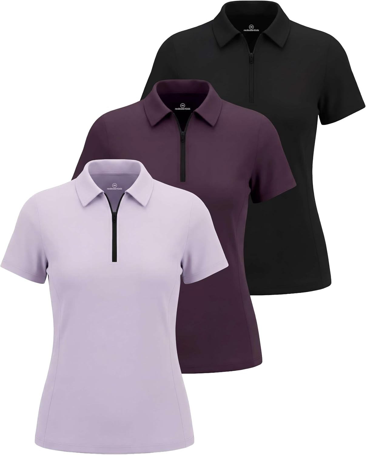 Real Essentials 3 Pack: Women’s Dry Fit Polo Shirts Quarter Zip Short Sleeve Athletic Golf Tennis Workout Gym Collared Tops