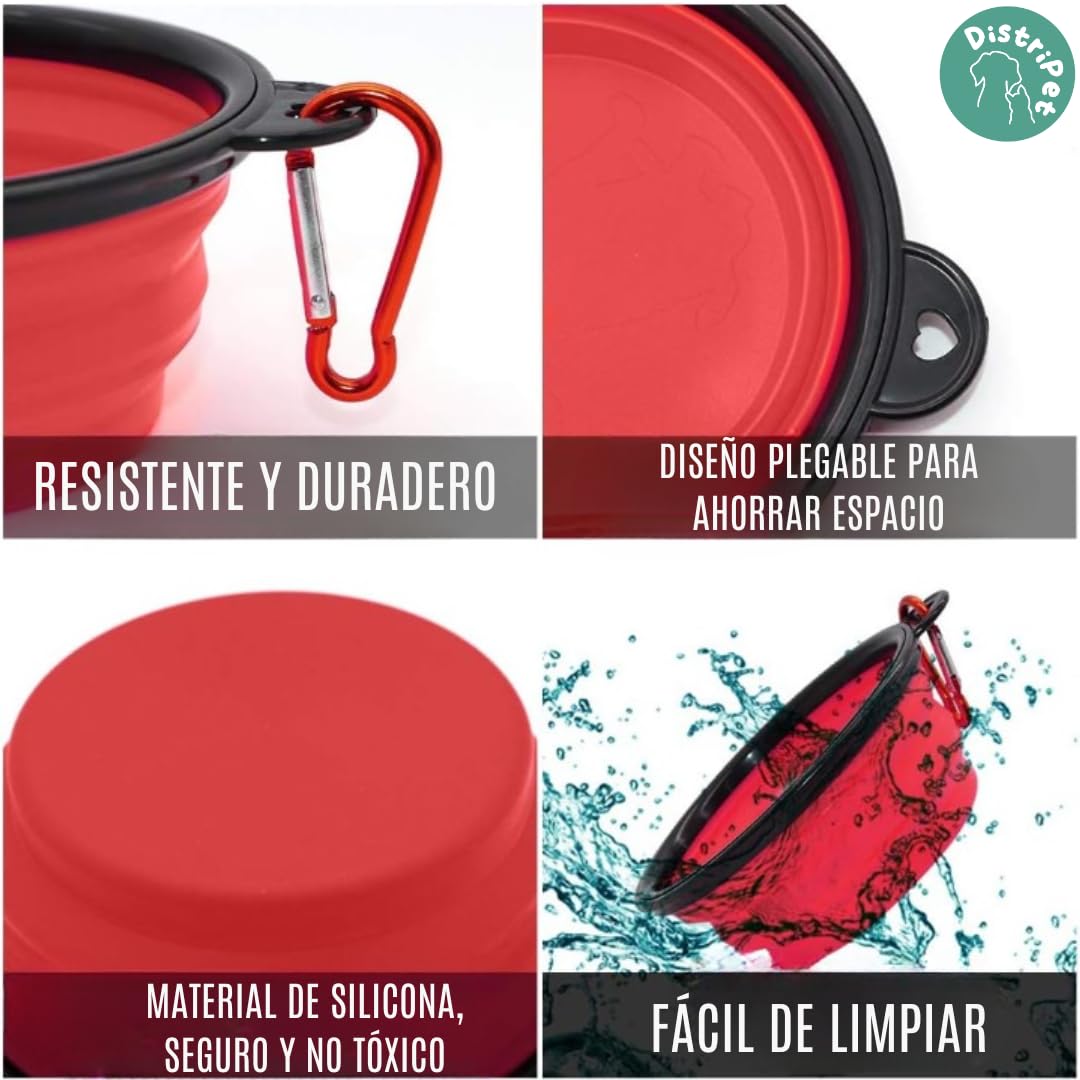Bebedero Perro Plegable, 2 uds de Cuenco Portátil. Capacidad de 350 ml Cada uno. Incluye Cepillo para Peinar y Masajear y mosquetón para Viaje. Libre de BPA es Seguro para Perros.