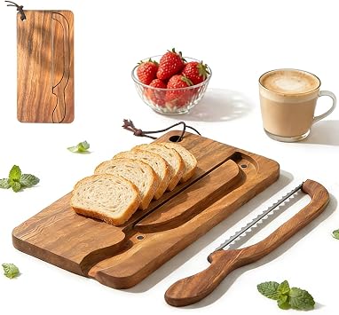 HomeBeyond Bread Bow Knife and Cutting Board Set, 8 Serrated Stainless Steel Slicer for Sourdough Bagels Baguettes, Ambidextrous Bow Blade & Reversible Acacia Board Can Be Used as Crumb Tray