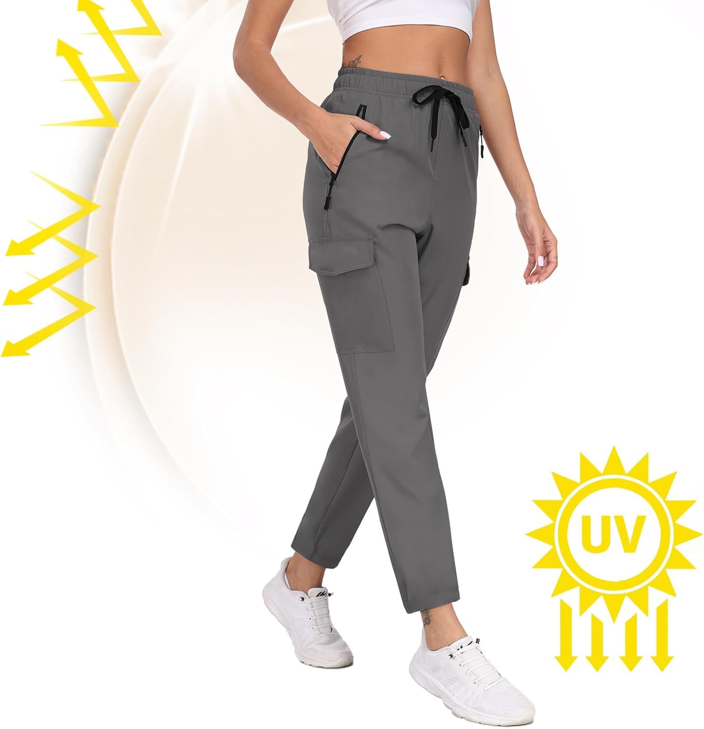 Hiking Pants Women UPF 50+ Cargo Quick Dry Water Resistant Elastic Waist 4 Pockets Lightweight Travel Work Casual Running - Image 4