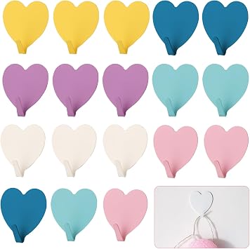Kakalote 18Pcs Heart Shaped Adhesive Wall Hooks, 6 Colors 3Pcs Per Color Stainless Steel No-Drill Coat Rack, Decorative Hangers for Home Kitchen Bathroom Office