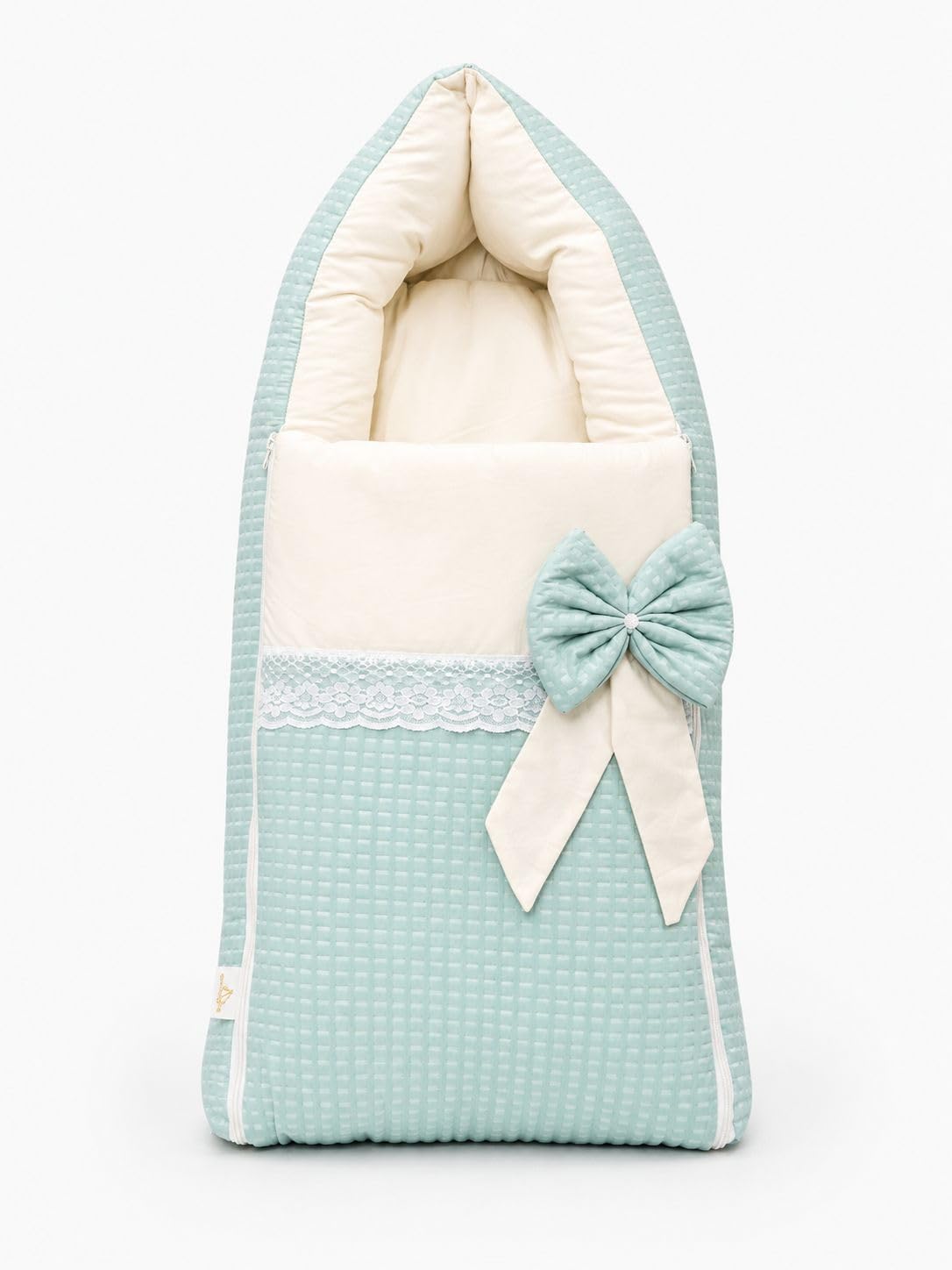 Adorables 3 in 1 Baby Sleeping Bag & Carry Nest | Cotton Baby Bed & Baby Wrapper for Newborn Baby & Infants | 0-6 Months | Portable Travel Bedding Set (Soft Linea Spring Green in Off White)-image-34