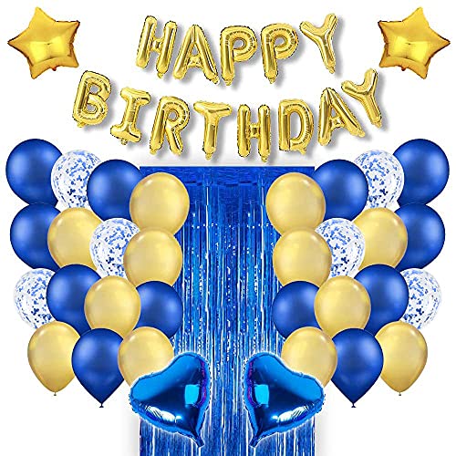 Image of Rozi Decoration Happy Birthday Gold & Blue Theme Combo Kit Including Curtains, Star, Heart Metallic & Confetti Balloons for Boy, Men Set of 37 Items