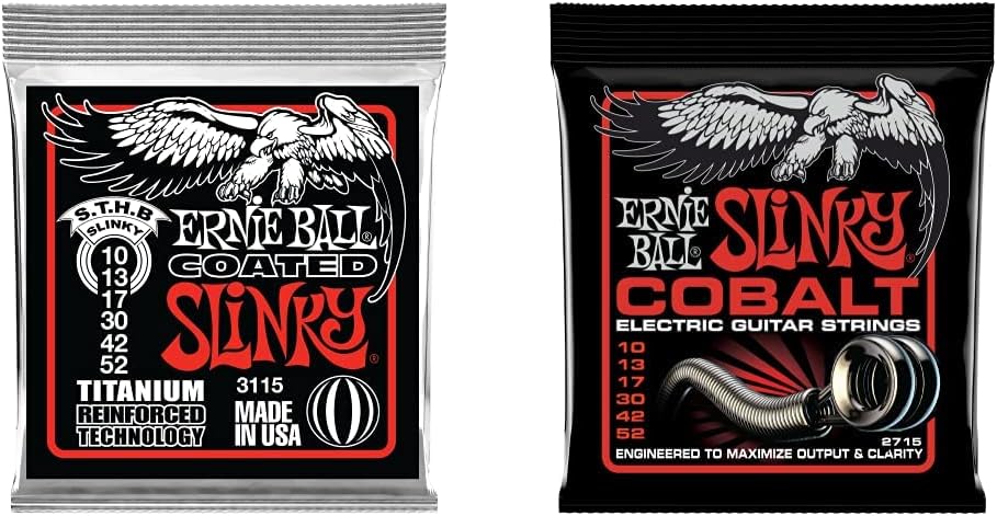 Ernie Ball Skinny Top Heavy Bottom Slinky Coated Titanium Electric Guitar Strings, 10-52 Gauge (P03115) & Skinny Top Heavy Bottom Slinky Cobalt Electric Guitar Strings, 10-52 Gauge (P02715)