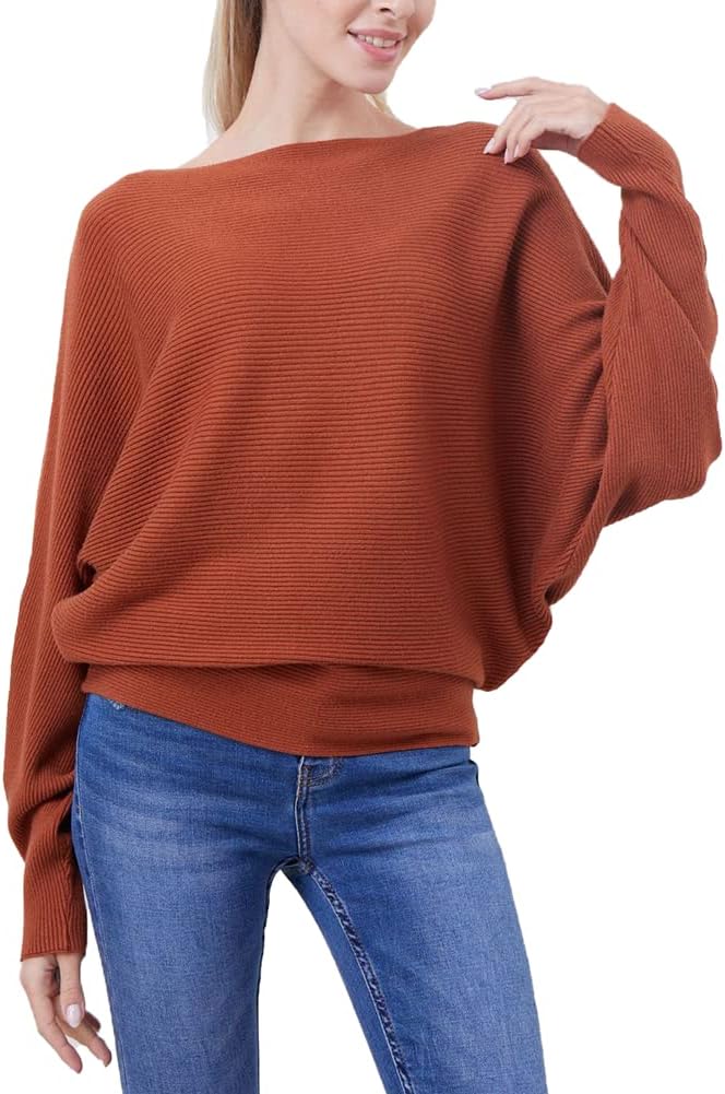 FULIER Women Oversized Boat Neck Batwing Sleeves Dolman Knitted Sweaters Lightweight Pullovers Tops One Size - Image 2