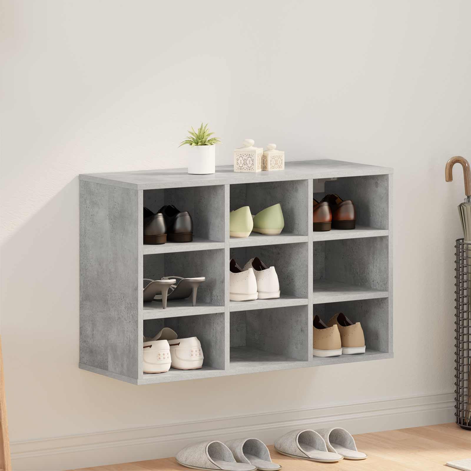 Meuble à chaussures pour entrée étroite gris béton avec étagère