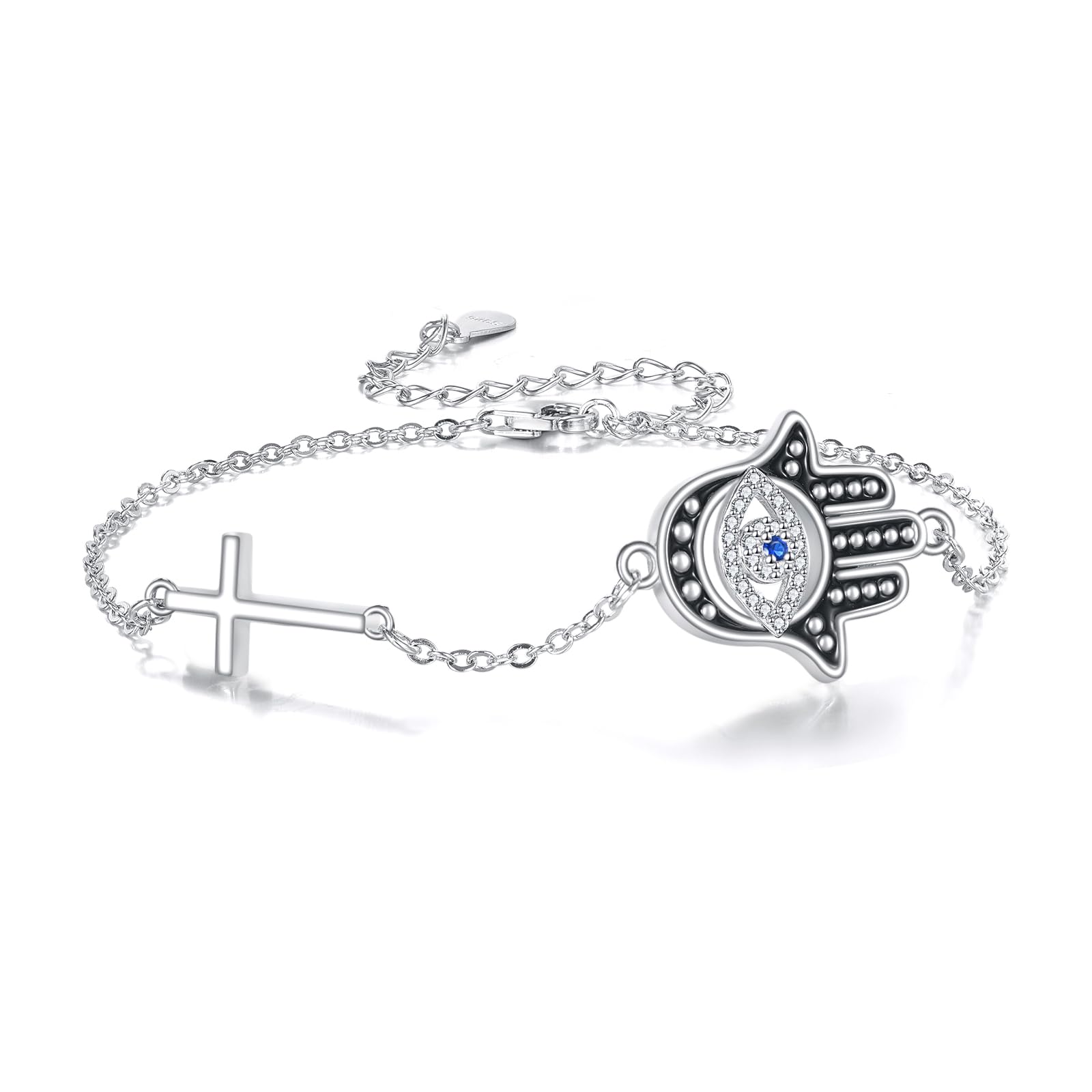 DAYLINLOVE Pulsera de ojo malvado de plata de ley 925 con enlace de hamsa, pulsera azul con ojos malvados, regalo para mujeres, niñas, madres