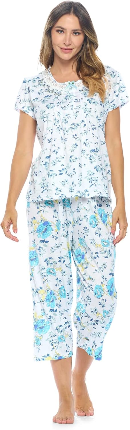 Casual Nights Women's Sleepwear Floral Top & Capri Pants Pajama Set Shirt with Printed Bottom Pjs - Blue - 3X-Large