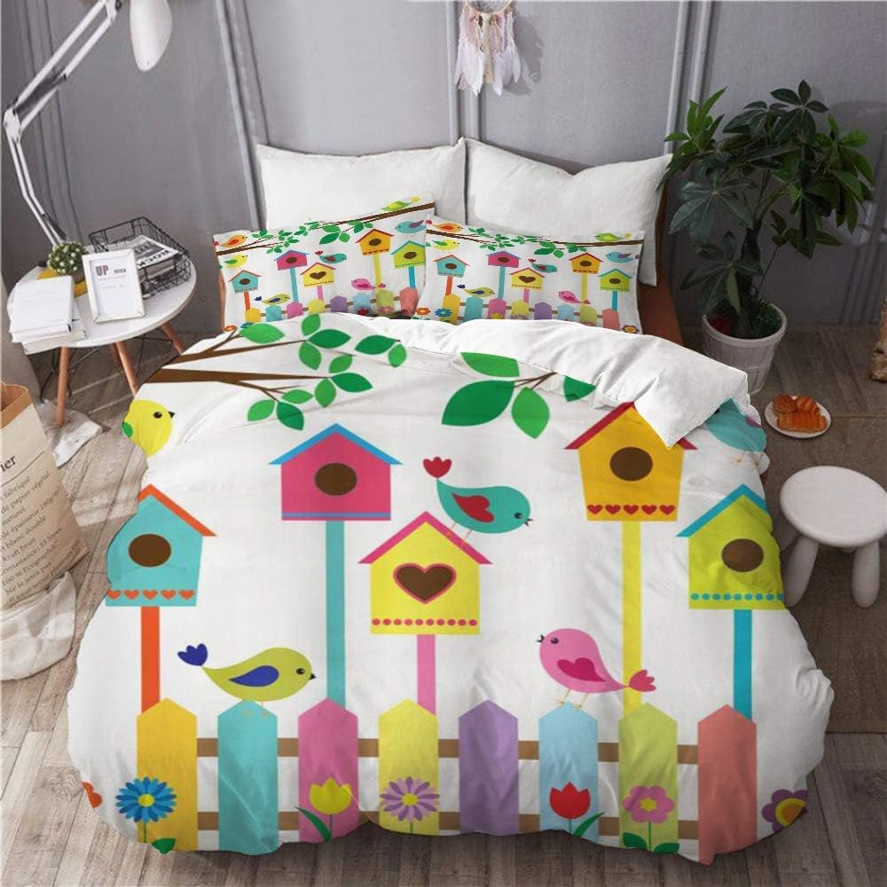 Juego de funda nórdica de 3 piezas de fácil cuidado y 2 fundas de almohada, coloridas casas para pájaros de aves y cercas, bocetos de estilo de dibujos animados para niños, elegante funda de edredón d