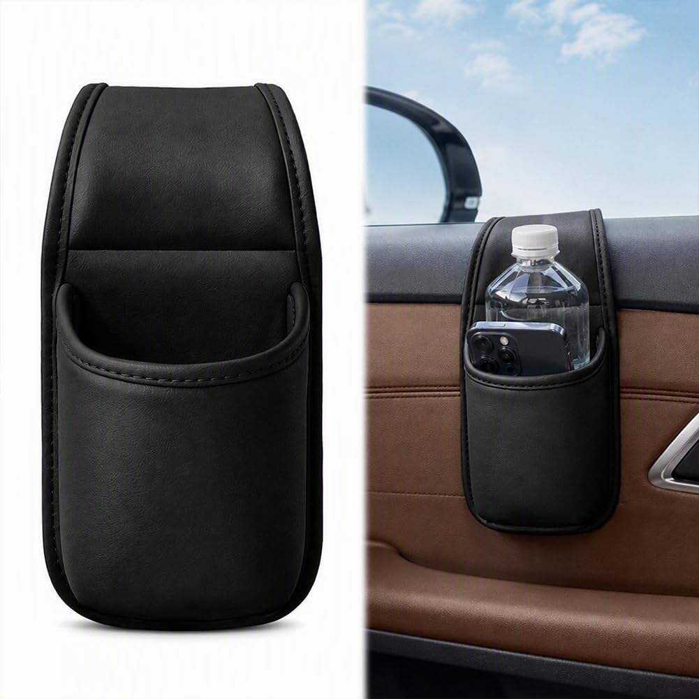 Leather Car Cup Holder, Multi-Functional Door Pouch for Auto Use