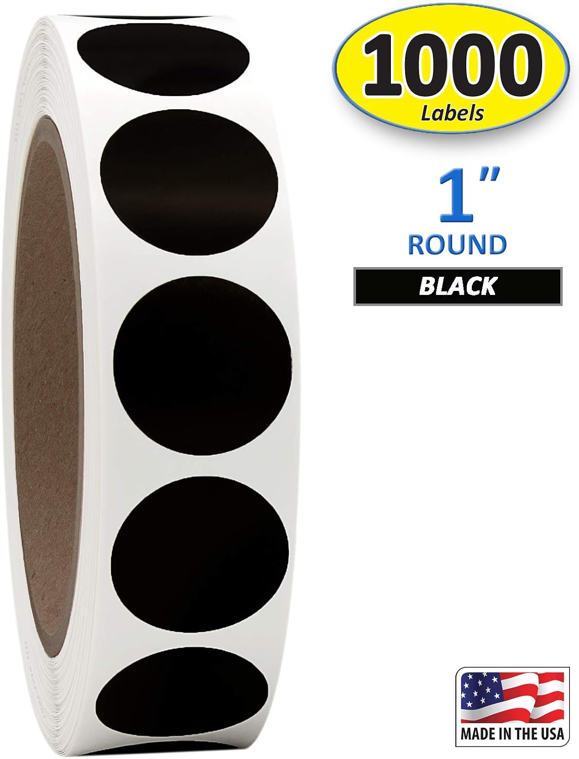1" Solid Black Round Color Coding Circle Dot Labels on a Roll, 1000 Stickers, 1 inch Diameter.