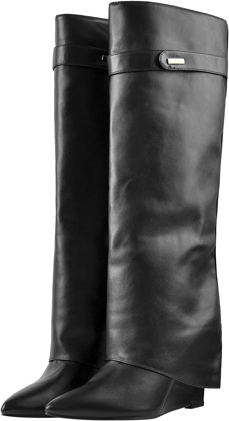 richealnini Fold Over Knee High Heel Boots for Women Pull On Block Heeled Long Booties