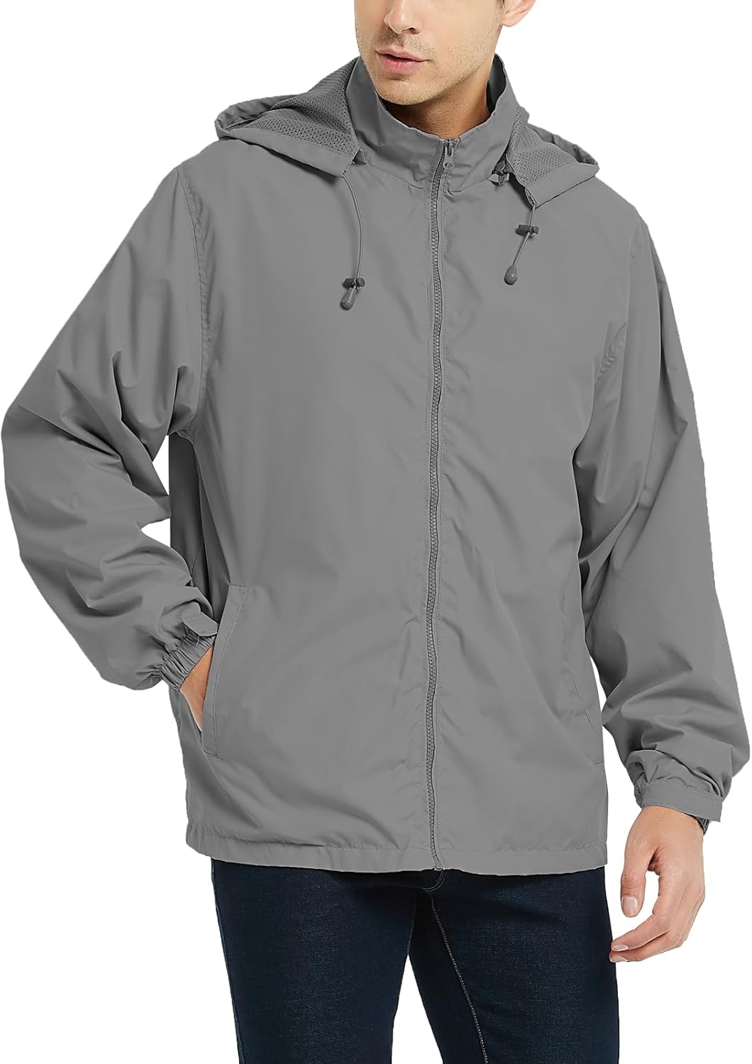 Mywu Men's Water-resistant Rain Jacket Lightweight Windbreaker Hooded Rain Coat for Adults Outdoor Hiking Camping