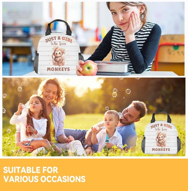 Miniatura 2 de Lonchera con diseño de mono para niñas y niños, pequeñas bolsas de almuerzo aisladas, bonita lonchera reutilizable para niños, color blanco,