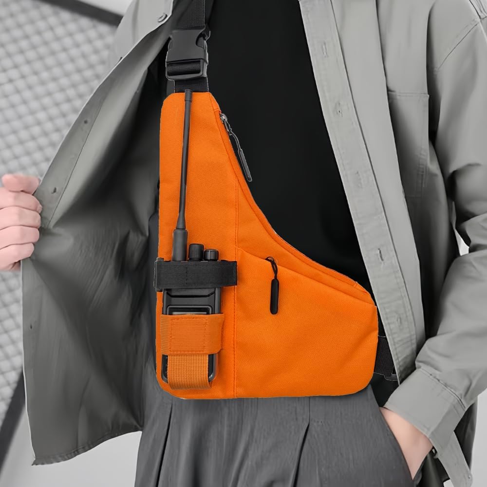 Radio Chest Vest,Walkie Talkie Pouch,Holster & Sling Bag | L bag,2-Pocket Nylon Harness, for Motorola Two-Way Radio,for most of radio,crossbody Orange walkie talkie bag