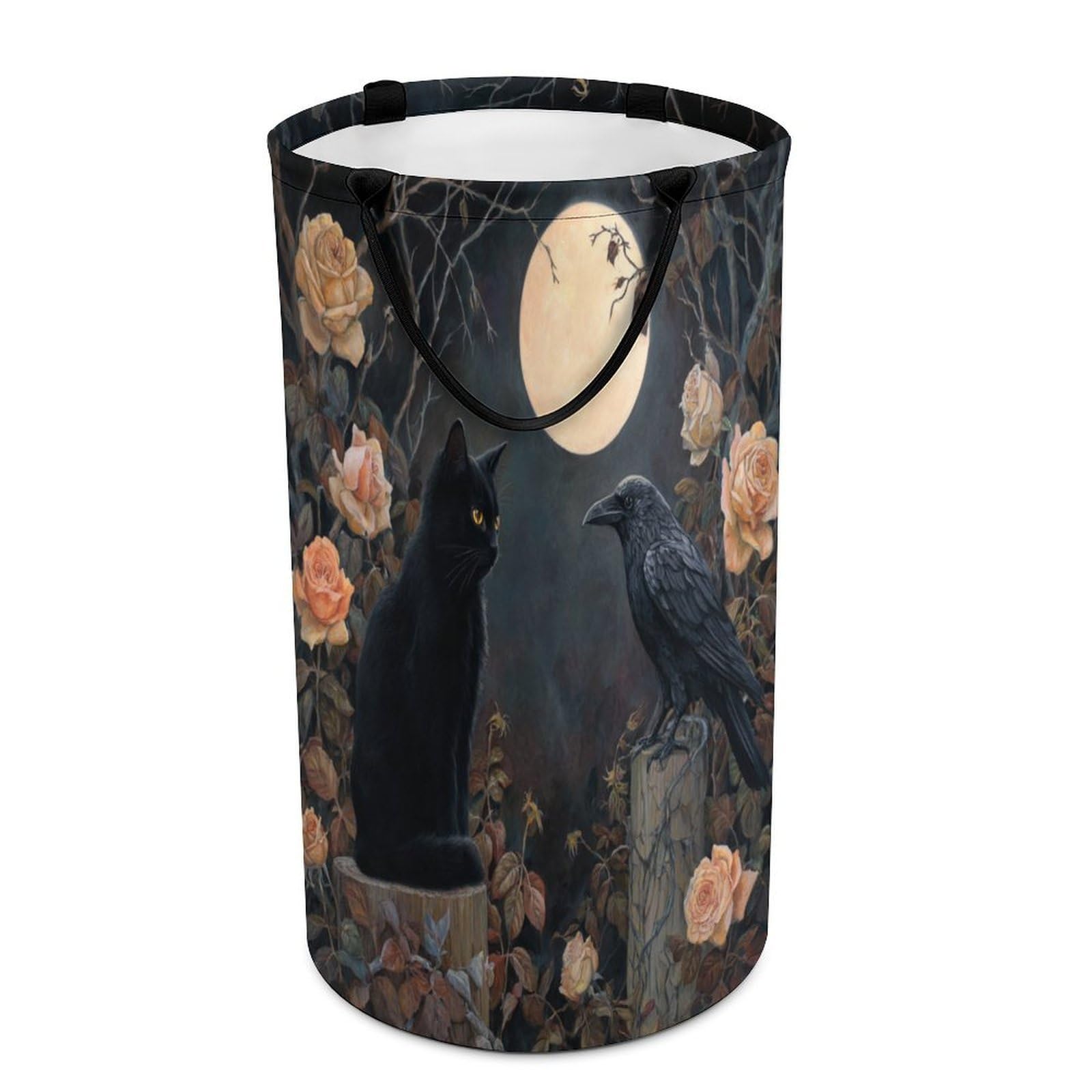LUYYSKY Fantasy Realistic Black Cat Collapsible Dirty Clothes Basket, Mid Century Gothic Halloween Full Moon Animal Crow Rose Floral Portable Clothes Storage Laundry Basket-40 CM Dia, 69 CM High