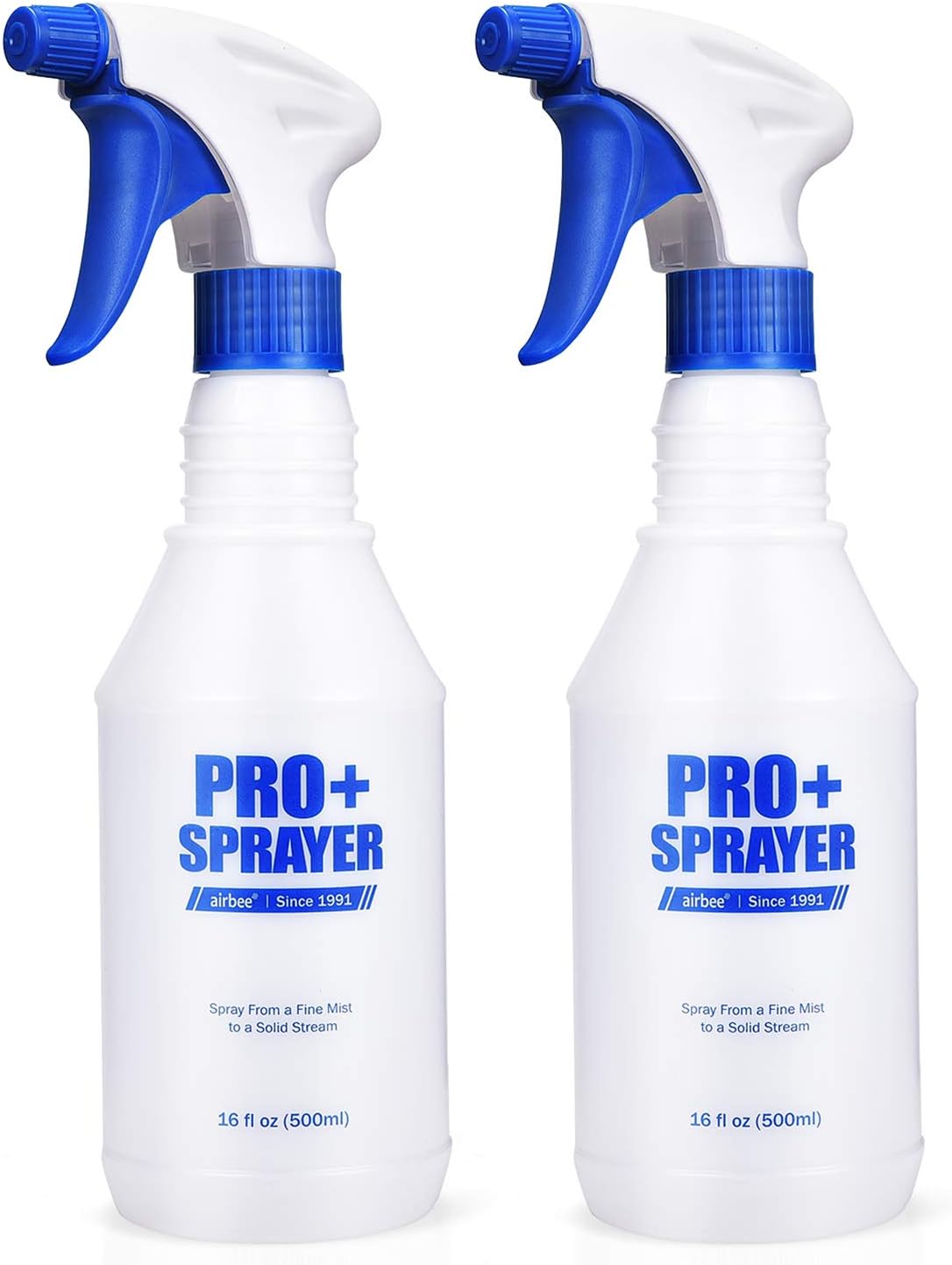 Airbee Plastic Spray Bottles 2 Pack 16 Oz for Cleaning Solutions, Essential Oils, Hair, Planting, Bleach, Professional Empty Spraying Bottle, Mist Water Sprayer with Adjustable Nozzle and Measurements