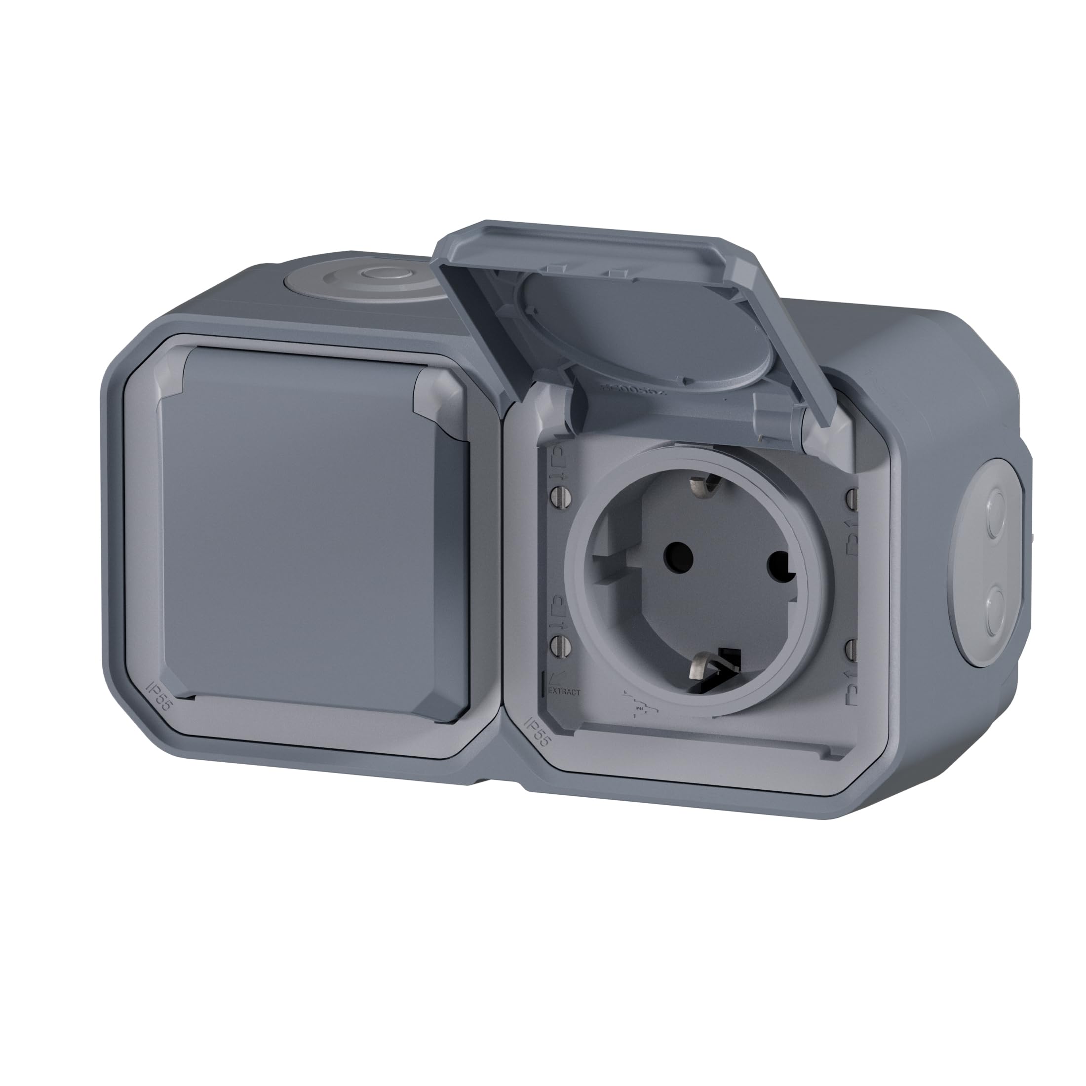 Legrand - Enchufe Doble 2P+T 16A con contacto lateral de tierra - Plexo - Estanco IP55 - Montaje en superficie - Gris - 069742LE