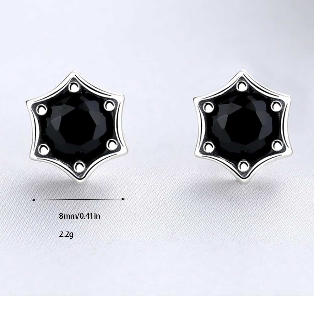 Sechseckige Stern-Ohrstecker aus Silber mit schwarzen Diamanten, Sterling-Zirkonia-Ohrringe für Damen/Herren, 8 mm