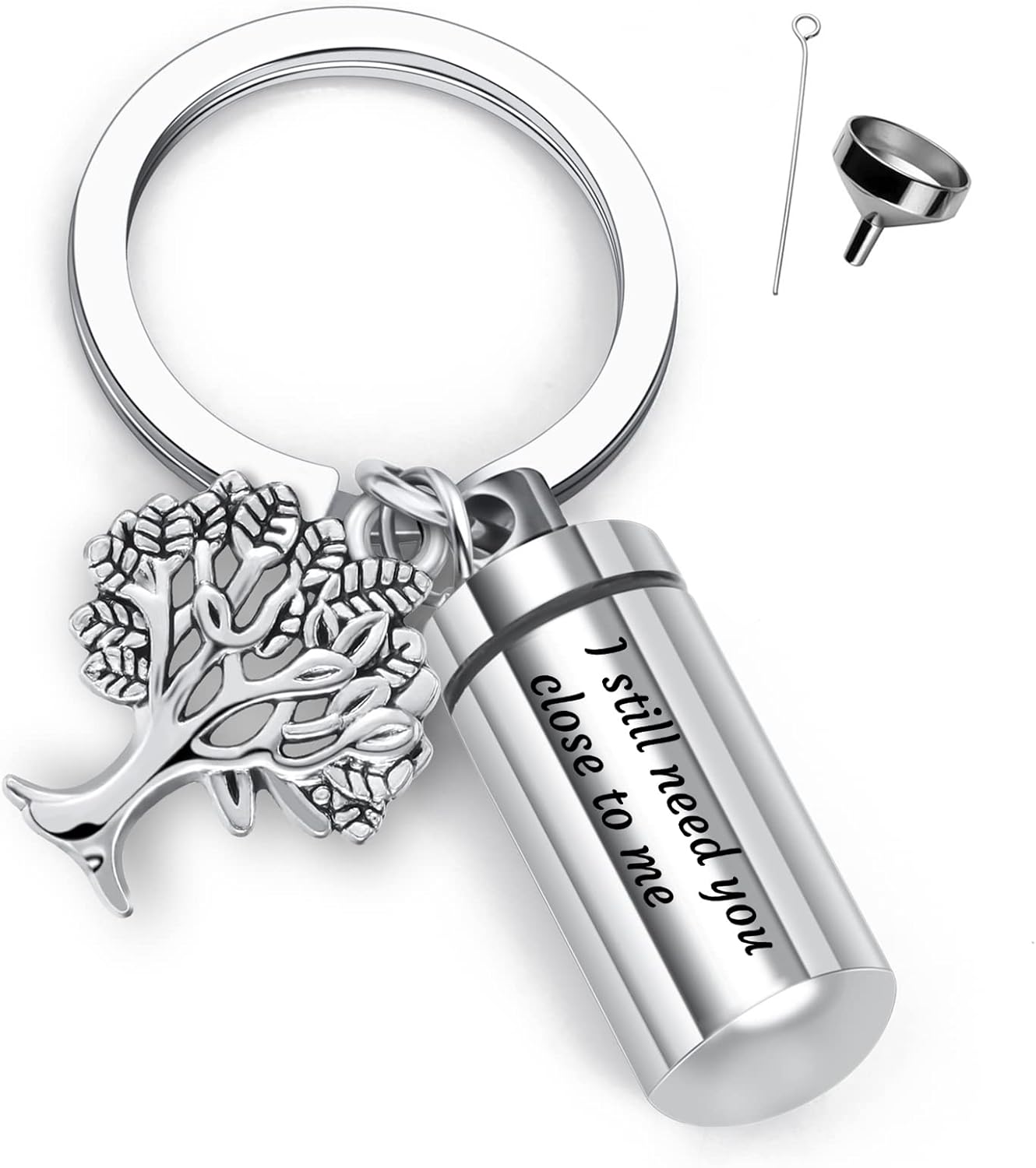 Chutoral Cylinder Cremation Urn Keychain, Tree of Life Stainless Steel