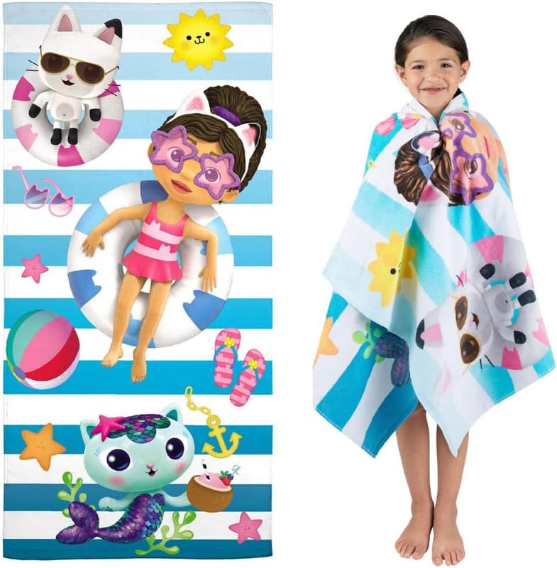 SRV Hub Gabby’s Dollhouse Kids Cotton Towel – 140 x 70 cm Super Soft and Absorbent Bath/Beach Towel for Girls – Lightweight, Vibrant Character Print – Ideal for Pool, Swim, or Travel
