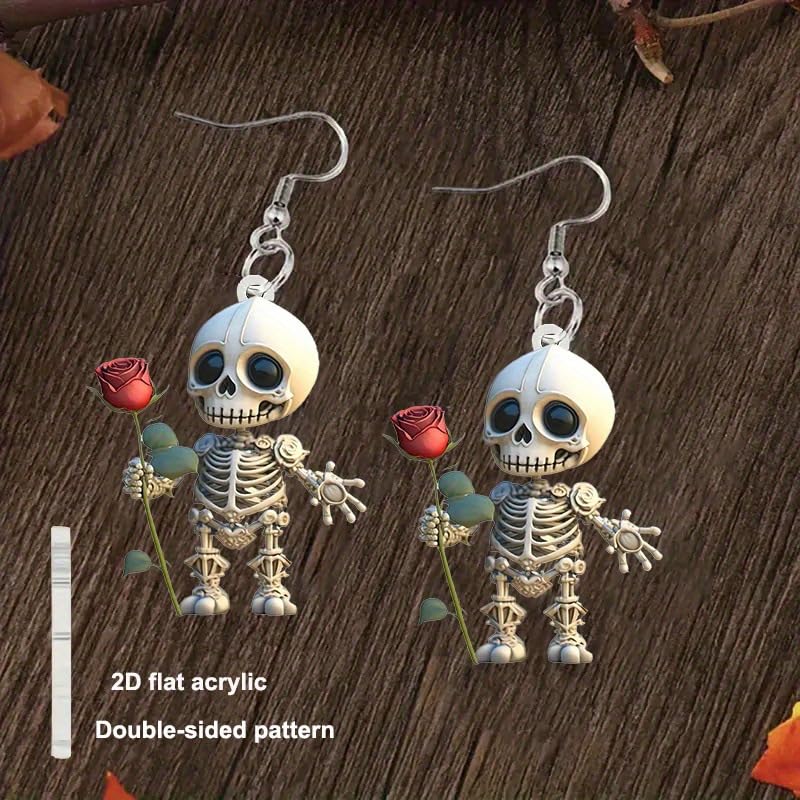 Halloween Skeleton Earrings for Women – Cute Spooky Skull Dangle Earrings with Red Rose, Gothic Creepy Cute Acrylic Statement Jewelry4