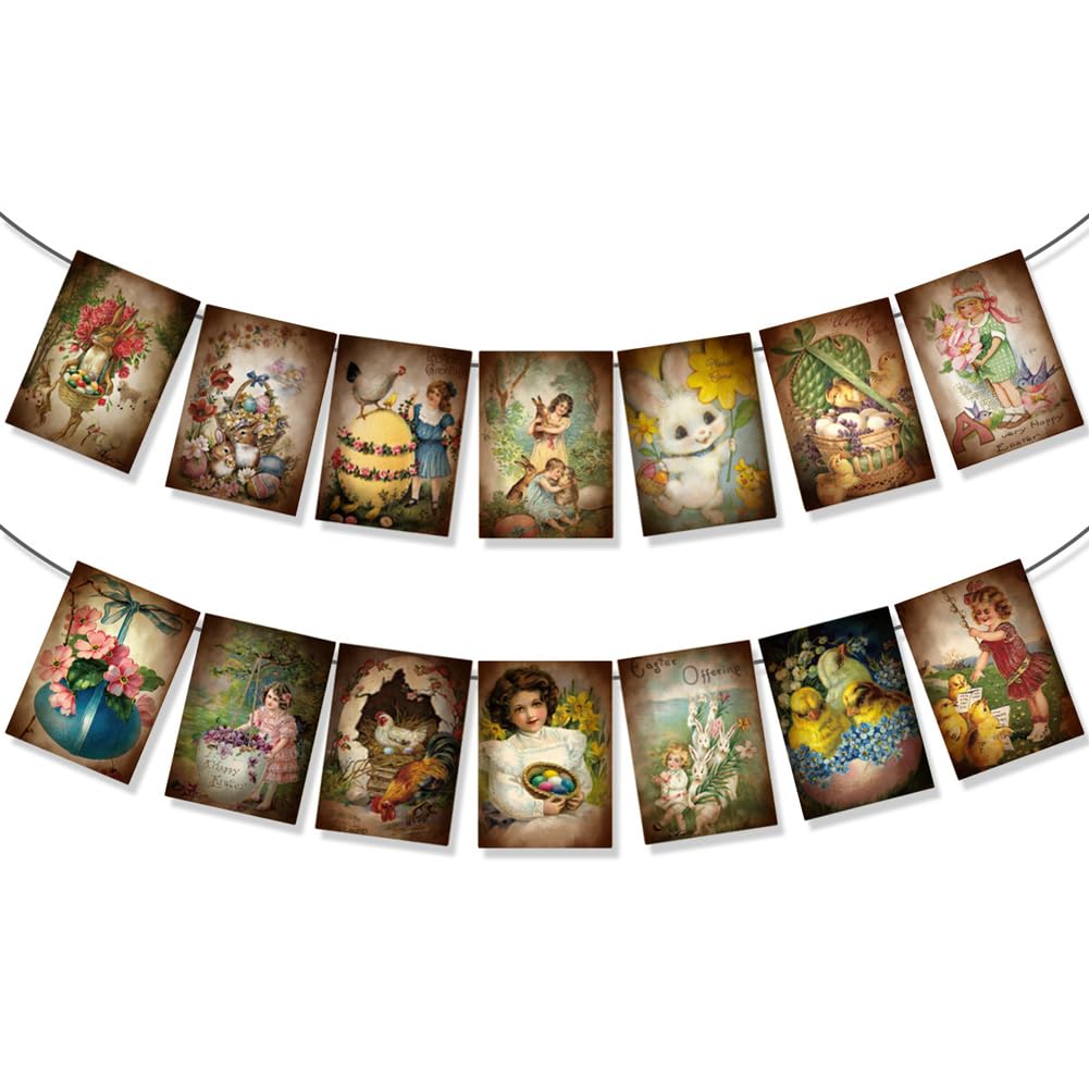 Easter Banner,Vintage Easter Bunting 2 PCS,Happy Easter Victorian Style Bunny Eggs Birthday Banner Flag Garland for Easter Rustic Wall Door Home Office Fireplace Mantle Hanging Decor