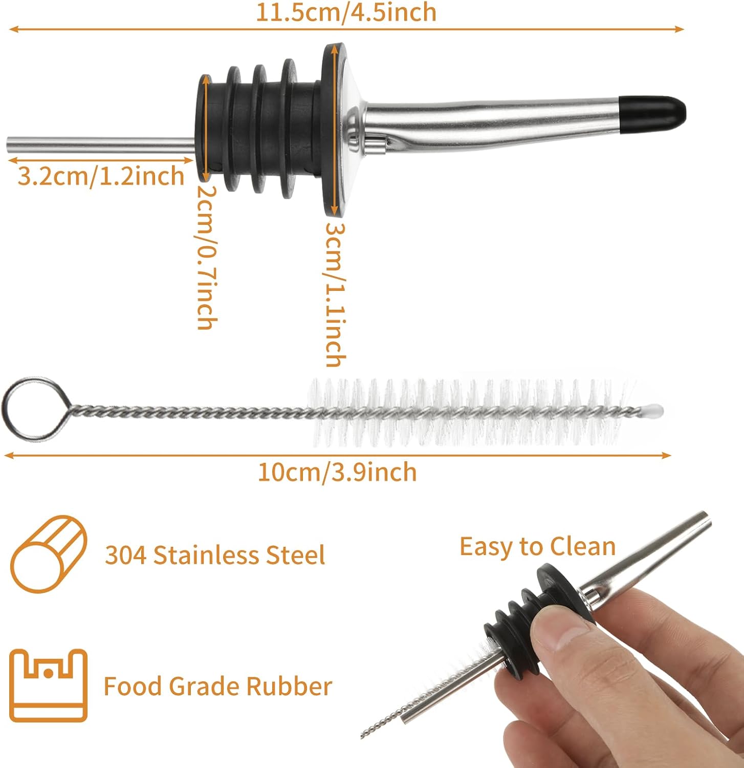 48 Pack Liquor Bottle Pourers Stainless Steel Liquor Pourers with Rubber Dust Caps Cleaning Brush Bar Accessories Suitable for About 3/4" Bottle Mouth Fits most Classic Bottles