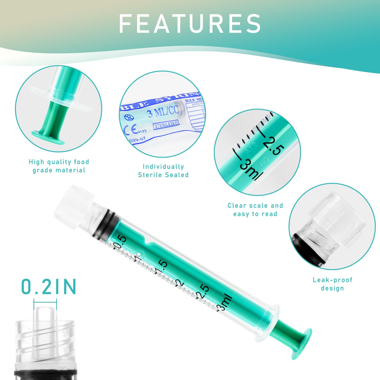 Jeringa Luer Lock de 3 ml sin aguja, diseño de bloqueo de seguridad a prueba de fugas con tapa, envuelta individualmente estéril (paquete de 20, verde)