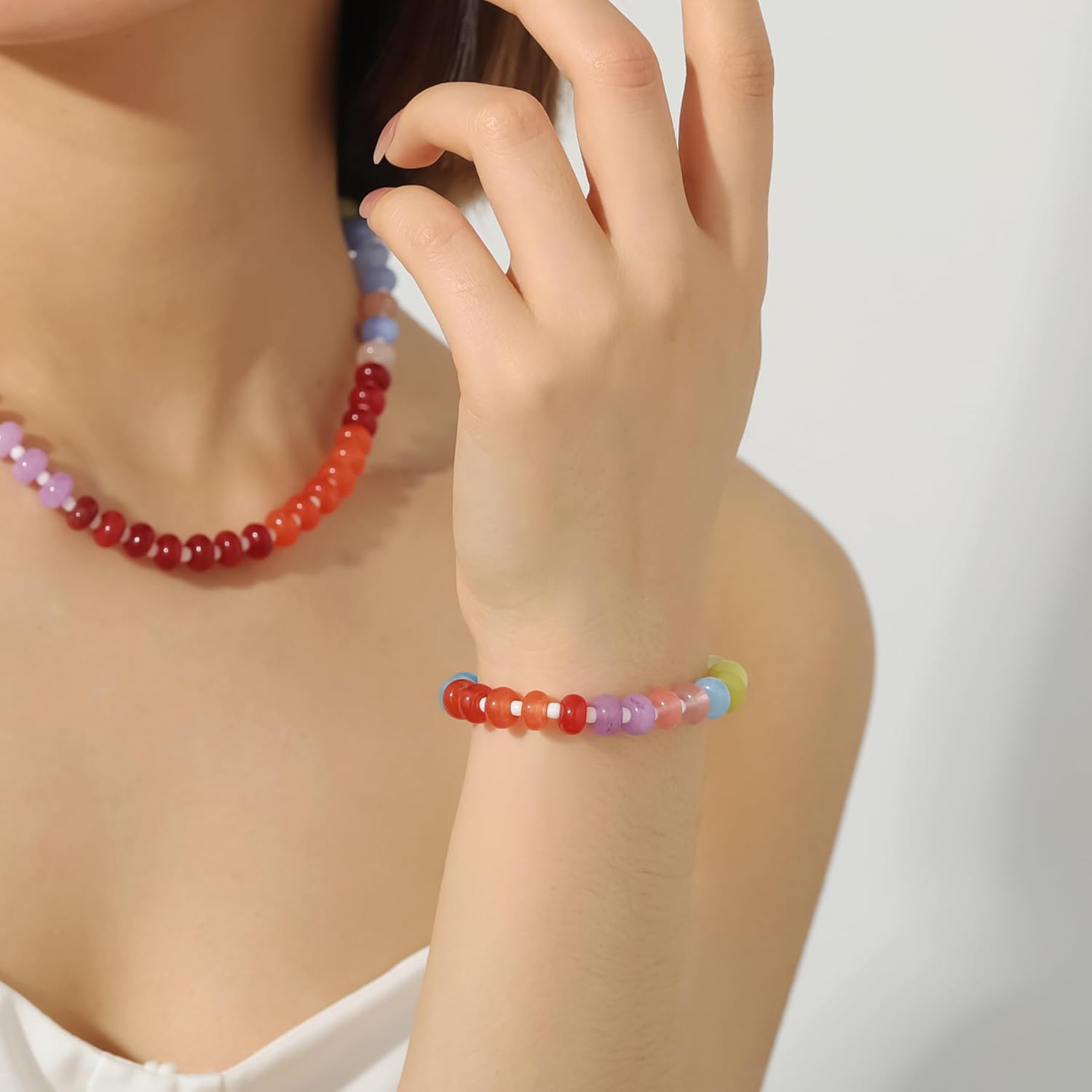 Beaded Gemstone Necklace for Women, Colorful Boho Bead Choker Necklace Natural Stone Freshwater Pearl Surfer Beach Necklace 14K Gold Plated Summer Handmade Jewelry Gifts - Image 5