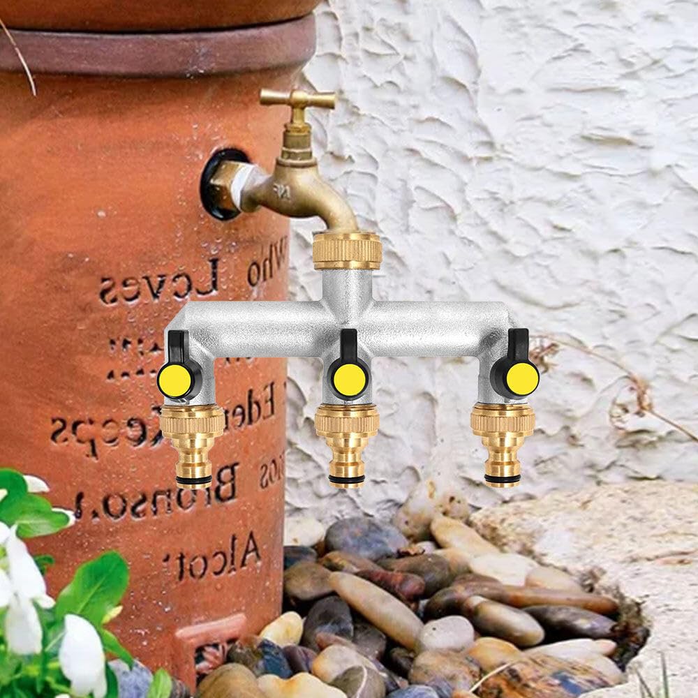 3 Vie Sdoppiatore Rubinetto con Valvola Indipendente, Ottone e Lega di Zinco Collettore Acqua 3 Vie per Regolare il Flusso dacqua, Distributore 3 Vie per Giardino, Cucina, Lavatrice
