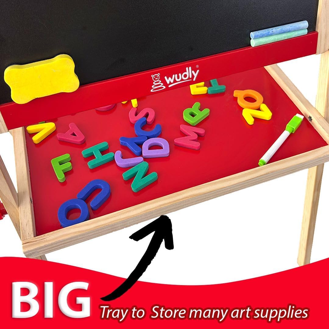 WUDLY® 2-in-1 Wooden Easel for Kids – Double-Sided Chalkboard & Whiteboard with Magnetic Letters, Marker, Duster & Chalk | Learning Drawing Board for Children - Image 3 thumbnail