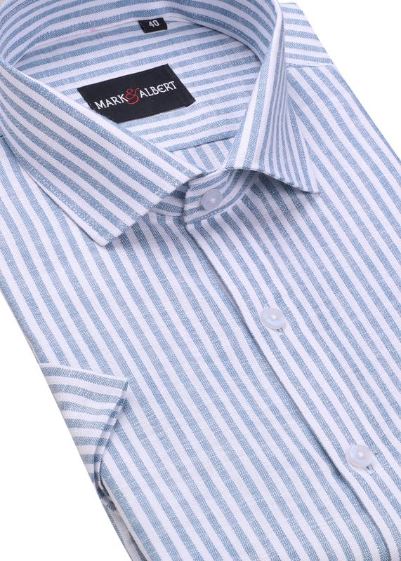 Image of MARK & ALBERT Men's Half Sleeve Cotton Linen Striped Shirt