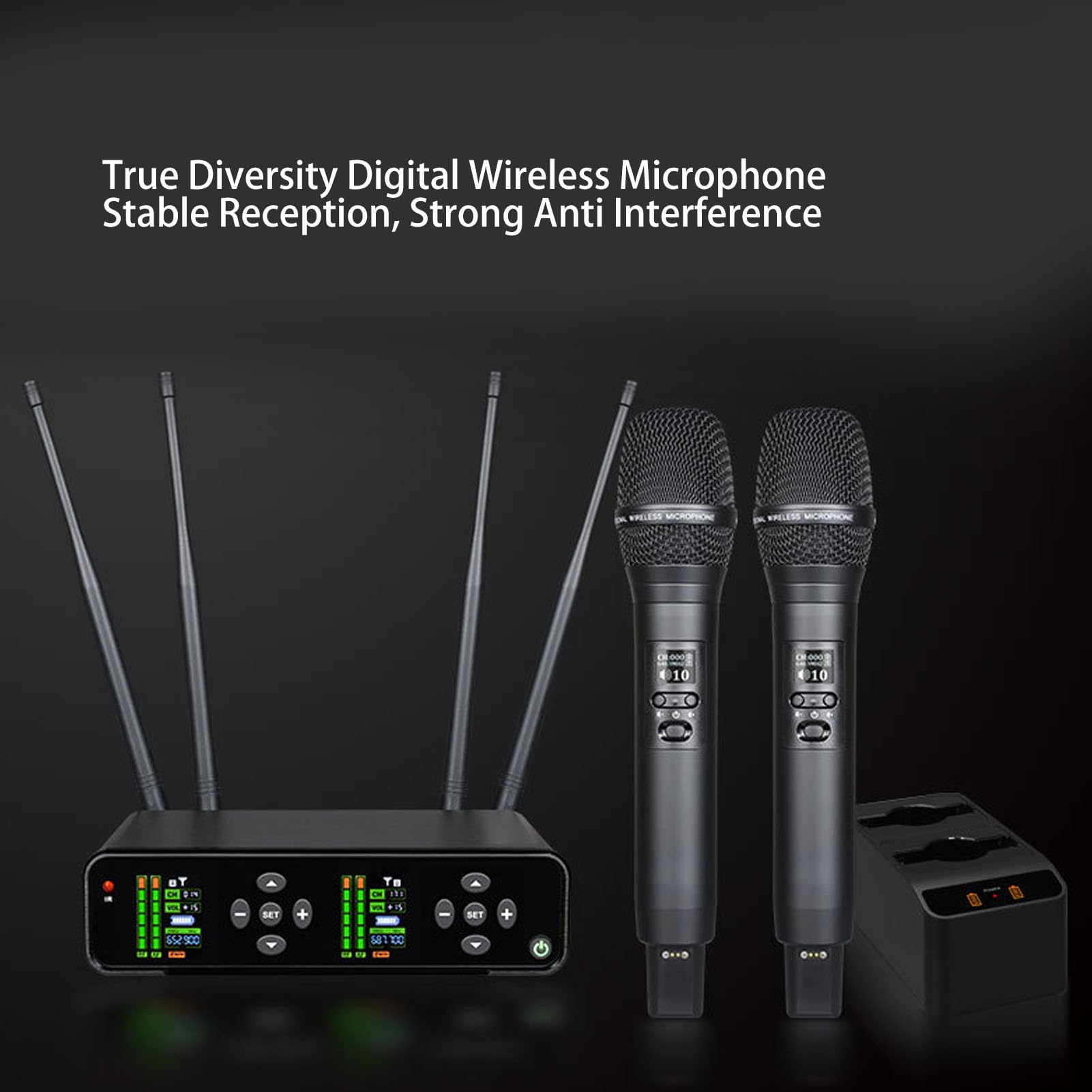 Diyeeni System Mikrofonu Bezprzewodowego, UHF PRODELDHELD MIC z Odbiornikiem, Podstawa ładowania, Anteny, Wbudowana w baterię 2200 MAh, do Karaoke Singing Church DJ PA Głośnik