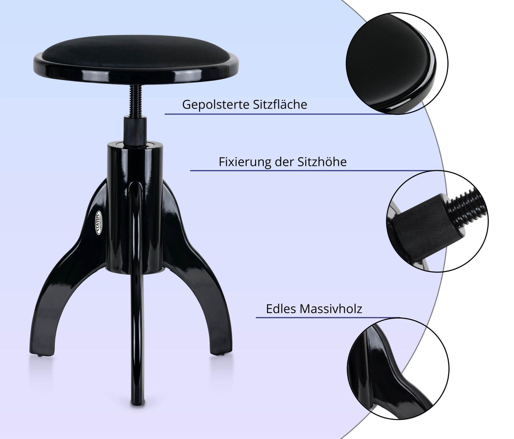Classic Cantabile Tabouret De Piano Velours, 47-60 cm, Noir Laqué
