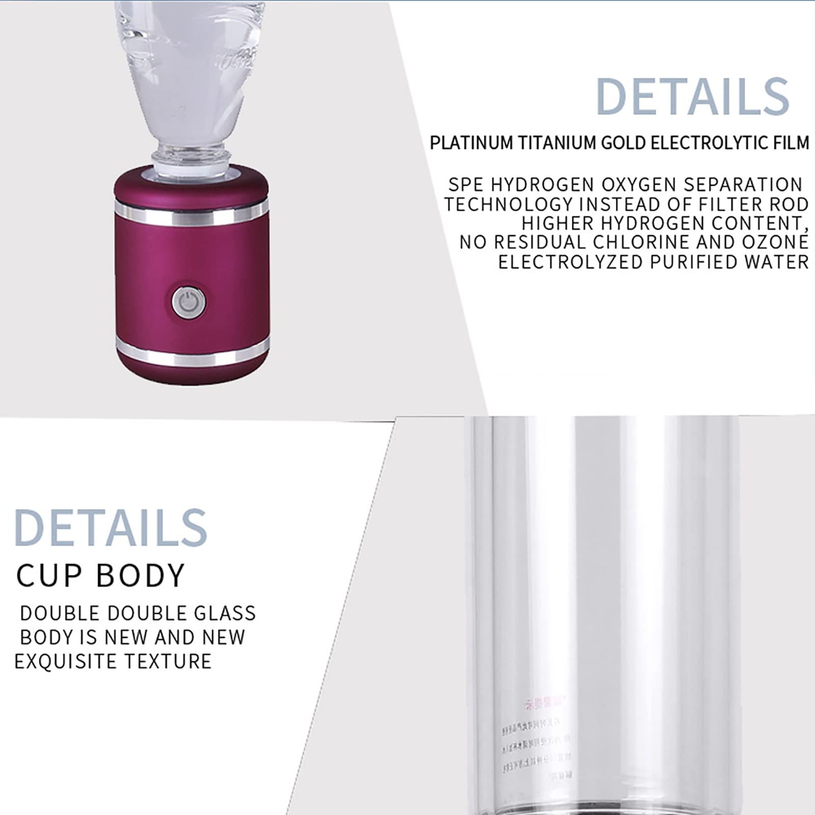 Botella De Agua Rica En Hidrógeno Ionizador Generador De Agua De Hidrógeno Tecnología SPE De 3 Minutos Haga Que El Contenido De Hidrógeno Sea De Hasta 1000-1200 PPB Descarga De Ozono Y Cloro 250Ml