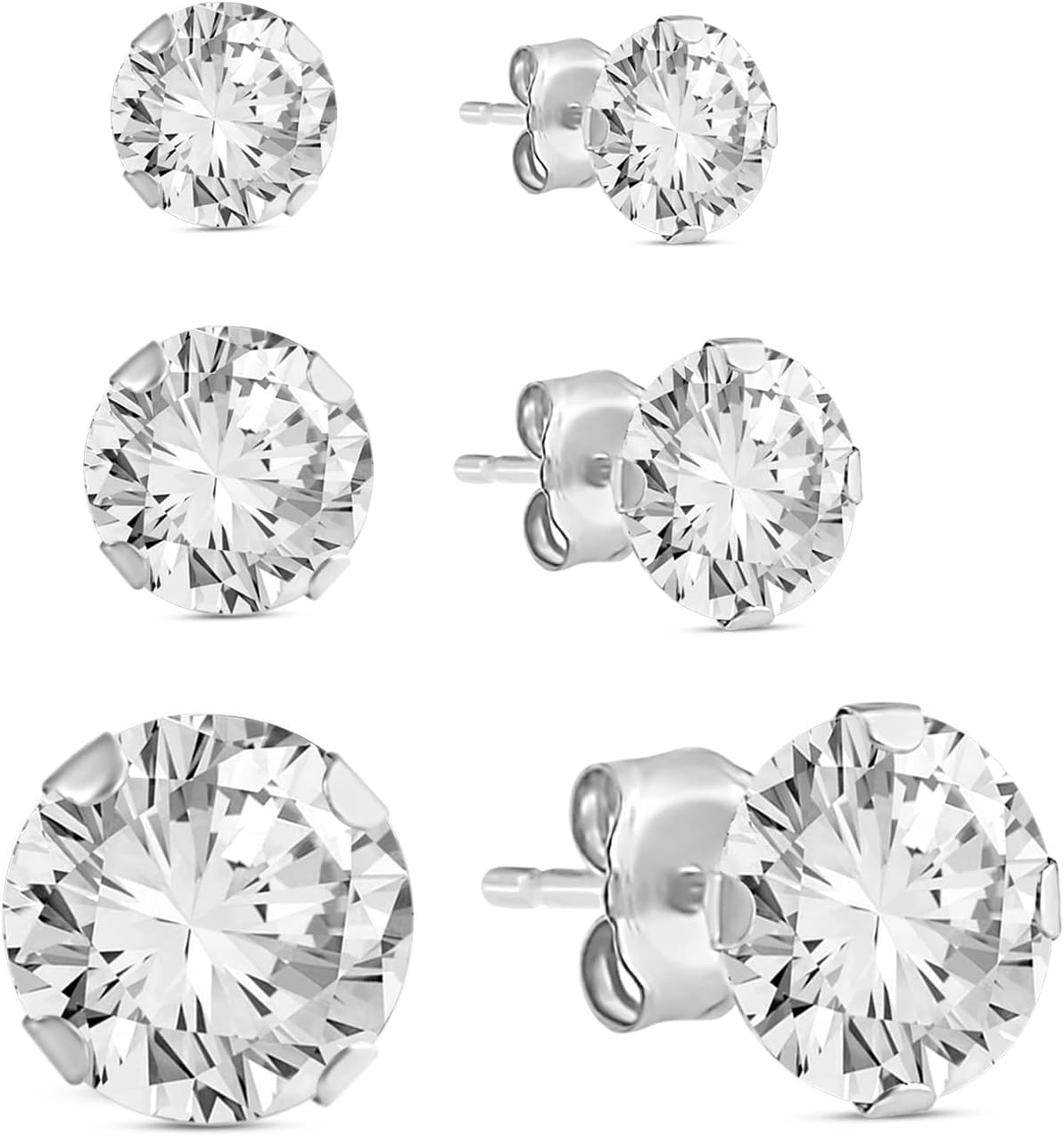 3 Pair Cubic Zirconia Stud Earrings for Women | 10K White Yellow Gold Earrings for Sensitive Ears 4MM, 5MM and 6MM Set | Gold Stud Push back Earrings | With Jewelry Gift Box