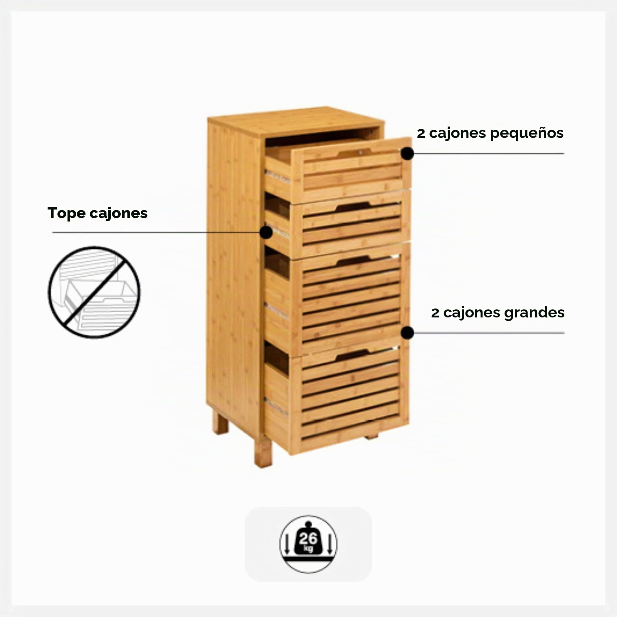 Miroytengo Cajonera Auxiliar 4 Cajones Sicela Marrón 40x98x30cm en Bambú, Diseño Moderno y Funcional, Almacenamiento Óptimo, para Cualquier Estancia