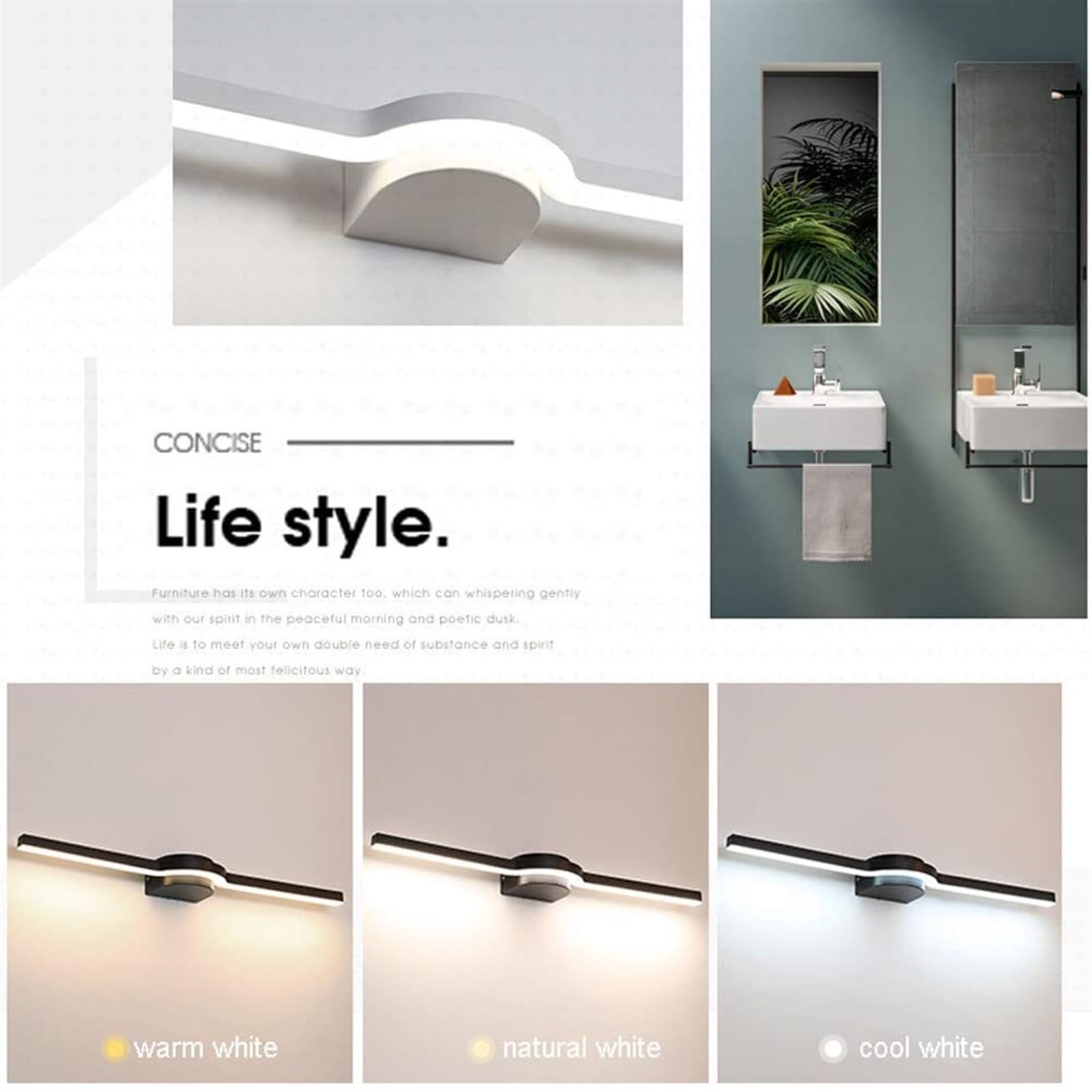 Liniowa lampa LED z lustrem do łazienki, 17 W, 80 cm, metalowe lustro do toalety, toalety, łazienki, łazienki, czarna