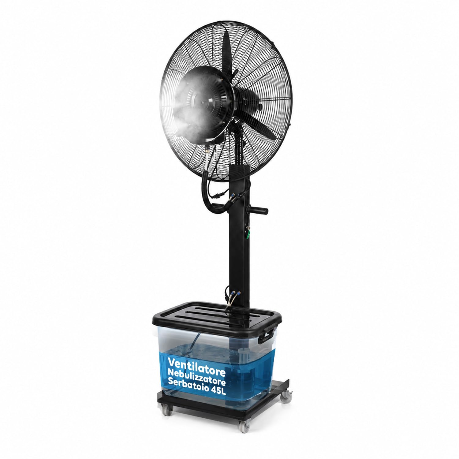 Wintem - BERGEN Ventilatore Nebulizzatore Industriale 230W – Raffrescatore ad Acqua con Serbatoio 45L – Diametro 65cm e Altezza 175cm – Getto 8mt – 3 Velocità, Oscillante e Portatile con Ruote 360°