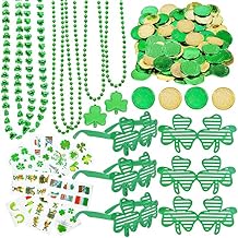 Labrostar 132Pcs St. Patricks Day Accessories Party Favors Shamrock Glasses Necklaces Green Gold Coins Tattoos for Irish St Patricks Day Decorations Supplies