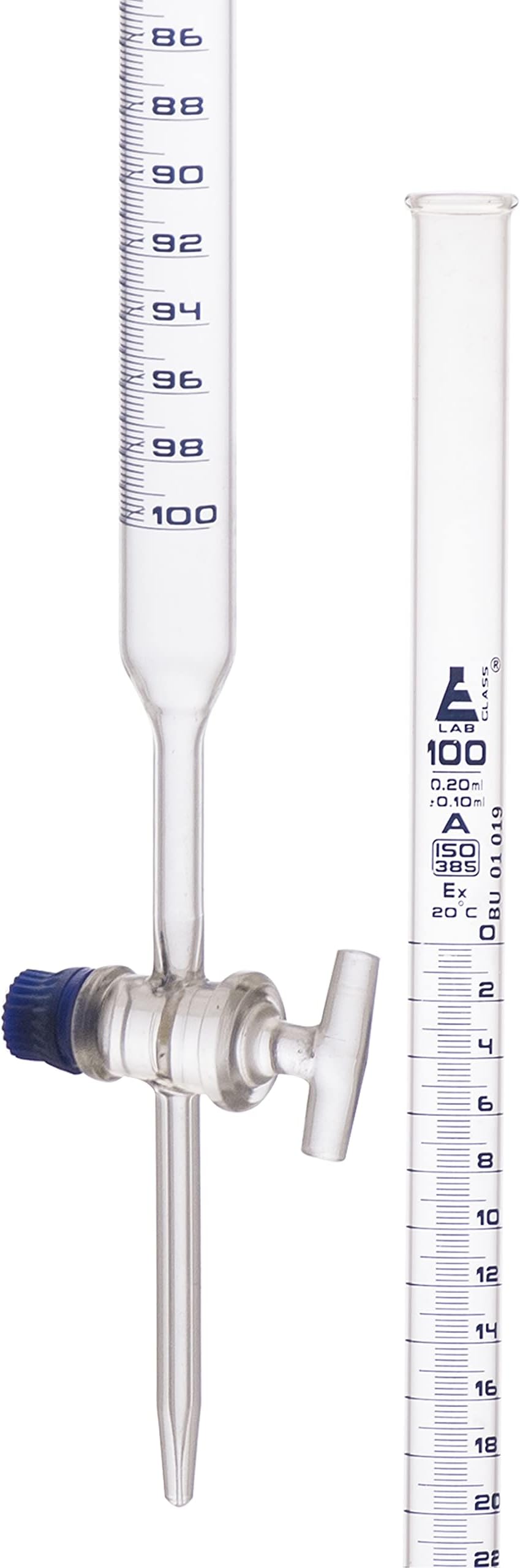Burette, 100mL - Class A, DIN 385 Compliant, Borosilicate Glass with Glass Key Stopcock, 0.20mL Graduations